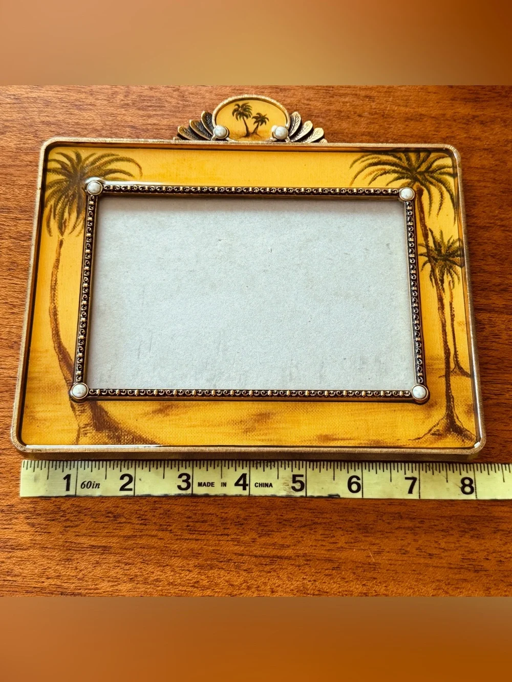 Vintage Home Collection Palm Tree 4x6 Photo Frame Gold Enamel Faux Pearl Detail